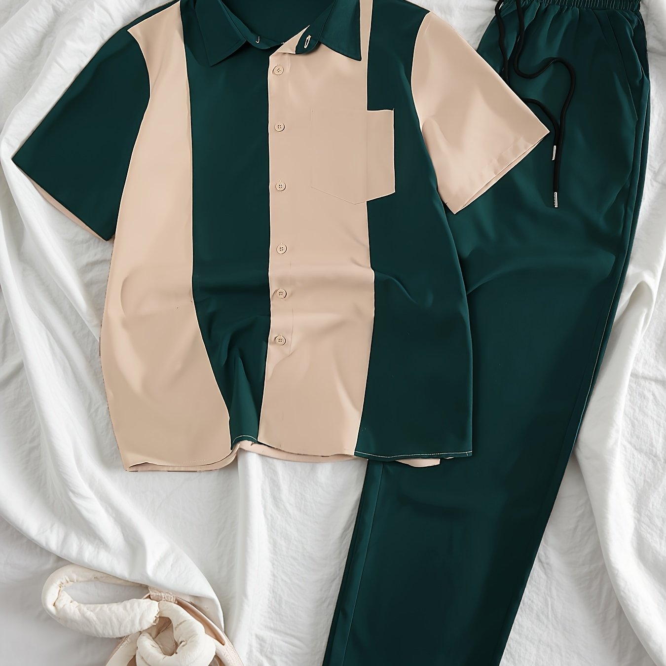 Men'S Casual Two-Piece Spring/Summer Color Block Short Sleeve Shirt and Pants Set - Polyester, Regular Fit, Button-Up with Pocket, No Belt, All-Season Wear, Casual Attire|Casual Style|Polyester Fabric
