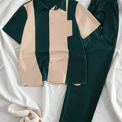 Men'S Casual Two-Piece Spring/Summer Color Block Short Sleeve Shirt and Pants Set - Polyester, Regular Fit, Button-Up with Pocket, No Belt, All-Season Wear, Casual Attire|Casual Style|Polyester Fabric