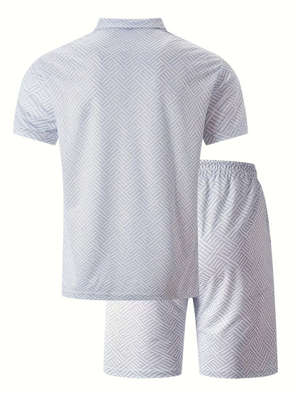 Men'S Tropical Print Casual Suit - Black Short Sleeve Zipper Shirt with White Pockets Shorts, Polyester, Machine Washable, Summer Beachwear, Summer Wear | Relaxed Fit Shirt | Woven Texture