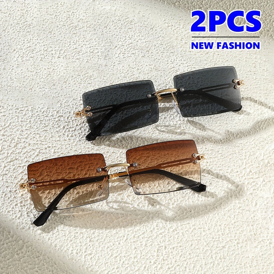 2pcs Trendy Rimless Fashion Glasses for Men & Women, Gradient Ocean Lens, Metal Frame, PC Lenses, Perfect for Street Style, Casual Gatherings & Gifting