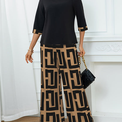 Women's Elegant Spliced Round Neck Top + Geometric Print Wide-Leg Pants Two-Piece Set