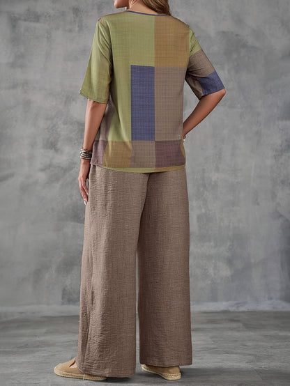Elegant Patchwork Women'S Fashion Suit - Short Sleeve, Crew Neck, Polyester, Spring/Summer Collection, Casual Attire|Modern Casualwear|Polyester Fabric