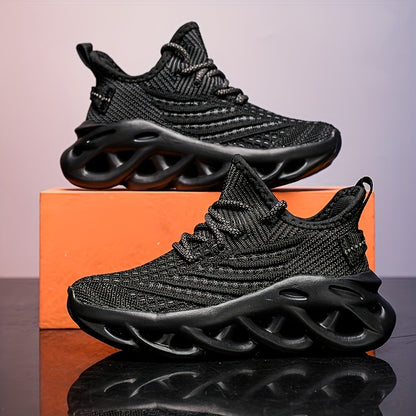 Boys' Breathable Knit Sneakers - Lightweight Running & Training Shoes with Air Cushion, Non-Slip MD Sole, Lace-Up Design, Available in Black & White