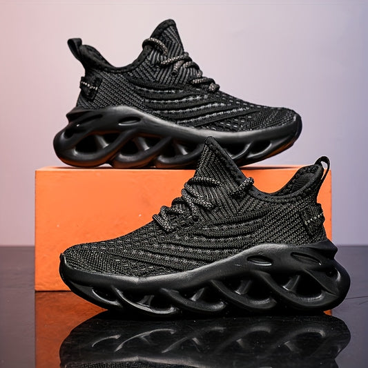 Boys' Breathable Knit Sneakers - Lightweight Running & Training Shoes with Air Cushion, Non-Slip MD Sole, Lace-Up Design, Available in Black & White
