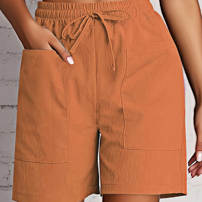 Women's Beige Cargo Shorts - Casual & Stylish, Solid Color with Drawstring Waist and Pockets, Polyester Blend, Machine Washable, All-Season Comfort