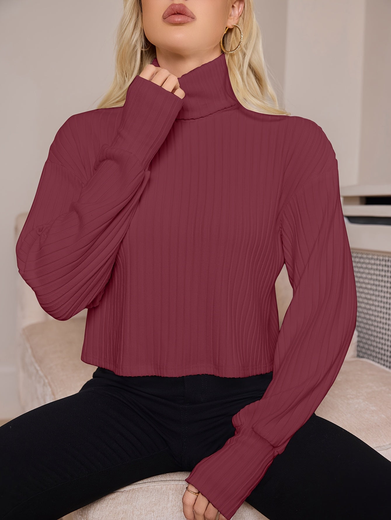 Women'S High Neck Knit Turtleneck T-Shirt, Solid Color Polyester 95% Spandex 5% Blend, Short Length, Fall/Winter Collection, 210g/m² Knit Fabric