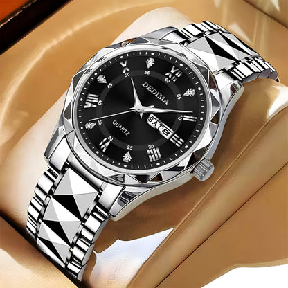 Elegant Men's Stainless Steel Watch with Dual Calendar, Luminous Display & Rhinestone Accents - Perfect for Business or Casual Wear