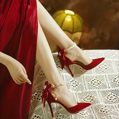 Women's Elegant Summer Evening Dress Shoes with Red Thin Heels, Bow Detail and Comfortable Fit with Insole Pair