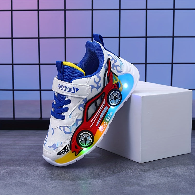 2024 Fall New Youngsters' Boys' Sports Shoes with Cartoon Flashing Lights - Youngsters' Light-Up Running Shoes, Thin, LED, for Ages 1-3-6, PVC Sole, EVA Insole, Hook & Loop Closure, Perfect for Casual Wear