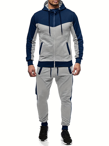 Men'S Casual Hoodie Set for Autumn And Winter, Featuring a Hooded Sweatshirt And a Sporty Cardigan in a Patchwork Design.