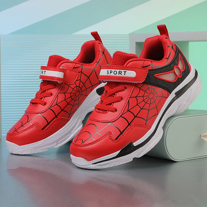 Kids Fashion Sneakers Breathable Lightweight Sport Casual Shoes with Cartoon Spider Web Design, Closure, Low Top PU and Fabric for Boys and Girls – Versatile All-Season Footwear for Outdoor Activities