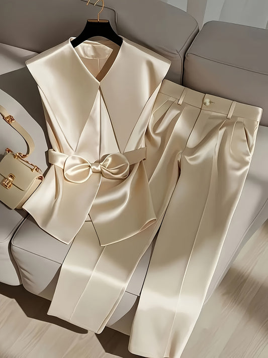 2pcs Elegant Polyester Pantsuit Set, Waterfall Collar, Solid Color Sleeveless Top and Pants, Polyester and Spandex Blend, with Bow Details, Spring and Summer Style - Nian Nian