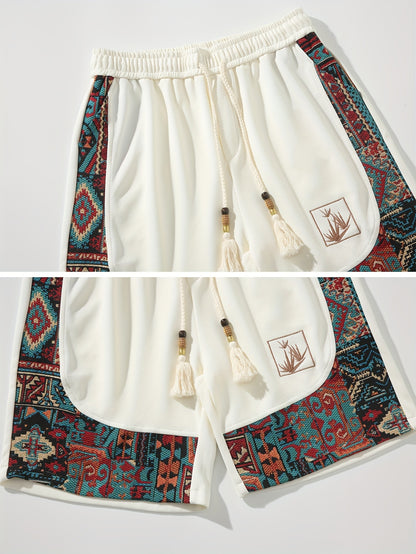 2pcs Men's Summer Casual Outdoor Set, Fashion Ethnic Style Round Neck Short Sleeve T-Shirt and Shorts Suit with Embroidery Design Loose Fit, Short Sleeve + Drawstring Shorts Combo, Suitable for Summer Outdoor Activities