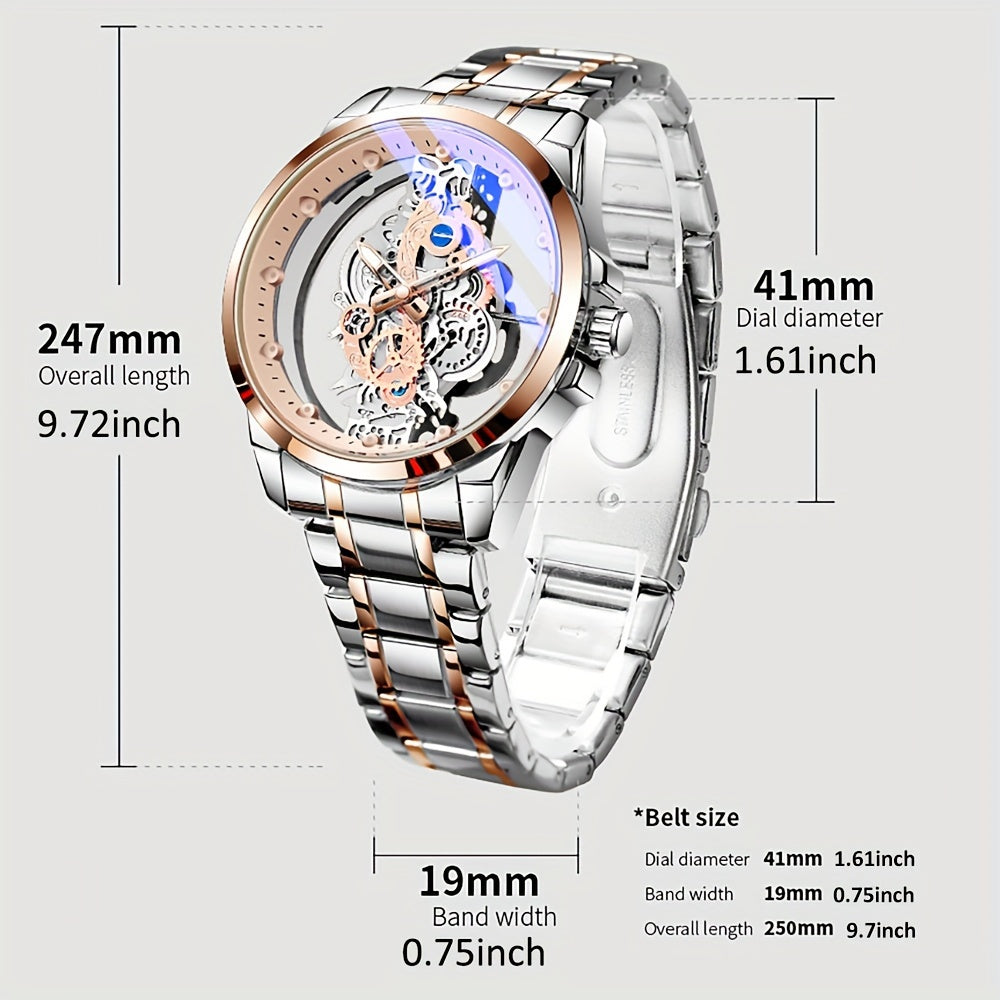 TPW Men's Rose Golden Skeleton Luminous Quartz Watch - Glamorous Luxury Wristwatch with Exposed Movement, Comfortable Metal Band, Father's Day Gift for Him, Luxury Men's Watch | Romantic Watch Design | Rose Golden Finish