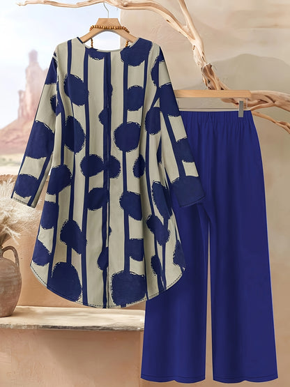 Plus Size, Women's Plus Size Printed Elegant Loose Long Sleeve Top and Pants Set
