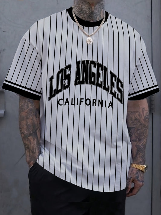 Men'S Los Angeles California Striped T-Shirt - Casual Short Sleeve Crew Neck, Breathable Summer Outdoor Sports Top, White with Black Letter Print, Regular Fit Tee for Casual Attire, Breathable Clothing | California Pride Shir