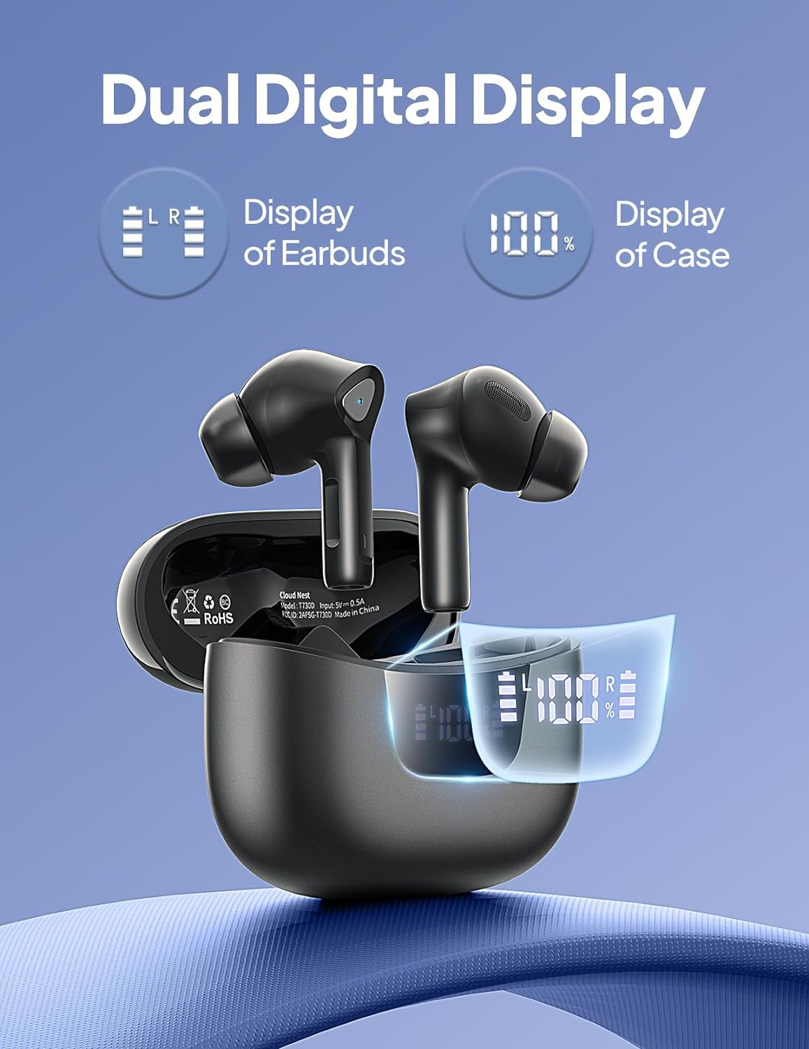 Wireless Earbuds Bluetooth V5.3 Headphones 50H Playback Deep Bass Stereo Ear Buds with LED Power Display Charging Case IPX7 Waterproof Earphones with Mic Headset for Laptop Pad Android/Ios Phones