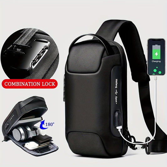 Oxford Fabric Waist Bag with USB Charging & Combination Lock - Sleek Black Crossbody for Men & Women, Ideal for Outdoor Activities & Motorcycle Riding, Perfect Valentine's or Father's Gift, Motorcycle Bag
