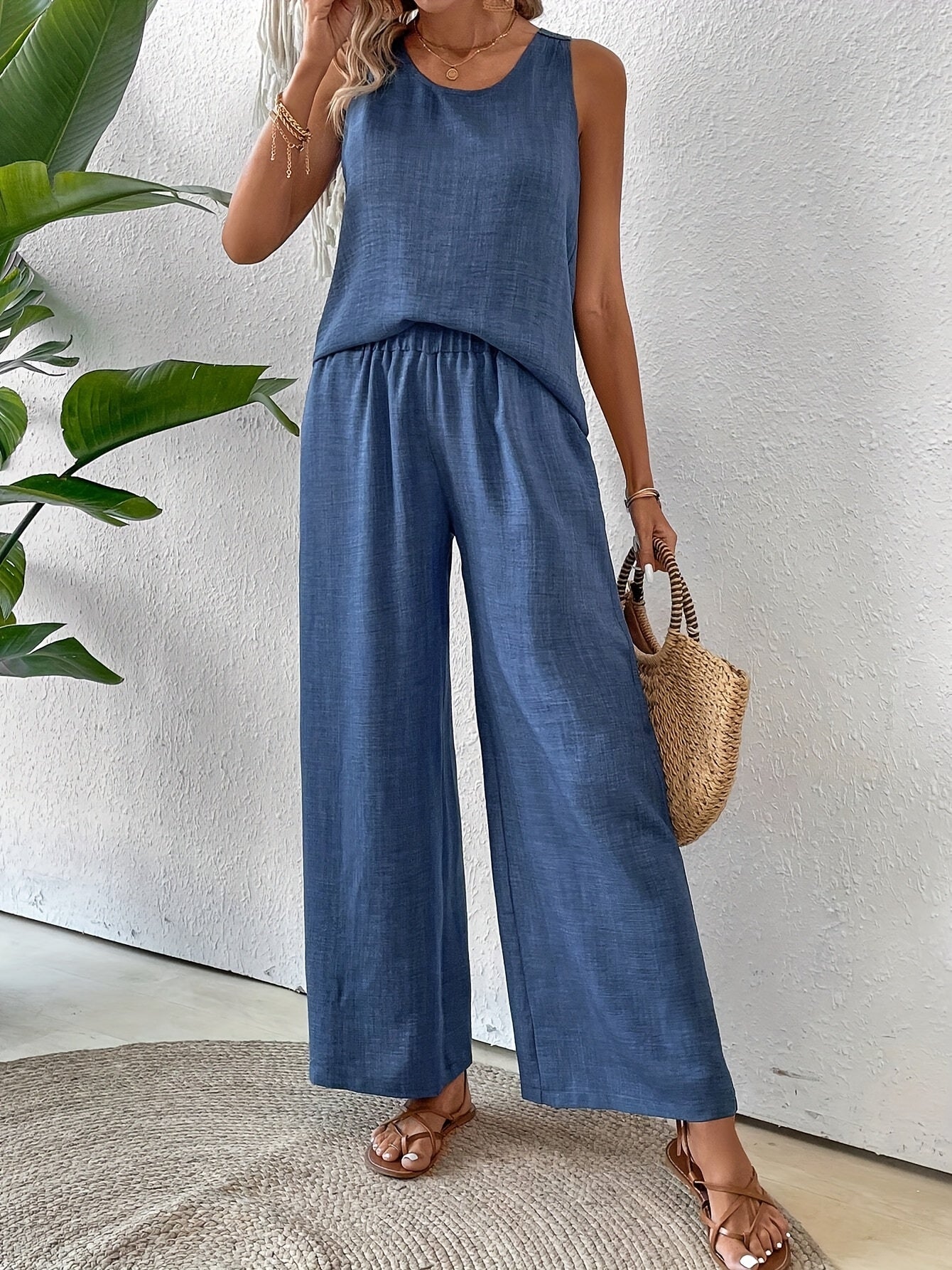 Women'S Summer Backless Cut-Out Panel Tank Top + Wide Leg Pants Set - Casual, Simple, Sleeveless, Polyester, Light Beige, Perfect for Spring/Summer, Casual Attire|Backless Top|Polyester Fabri