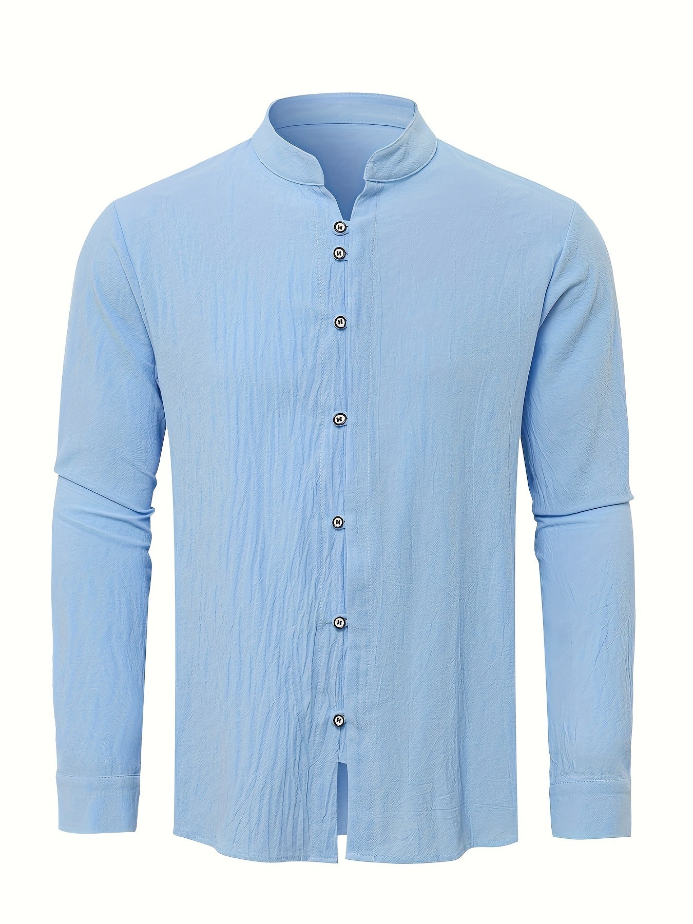 Classic Design Men's Solid Color Stand Collar Long Sleeve Button Up Top Shirt, Pure Cotton Spring And Autumn Fashion Cotton Tops For Daily And Casual Outerwear