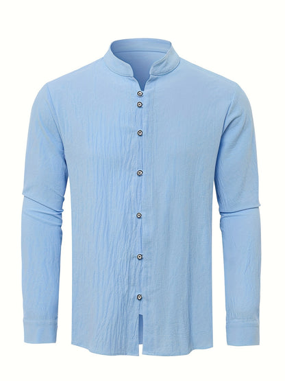 Classic Design Men's Solid Color Stand Collar Long Sleeve Button Up Top Shirt, Pure Cotton Spring And Autumn Fashion Cotton Tops For Daily And Casual Outerwear