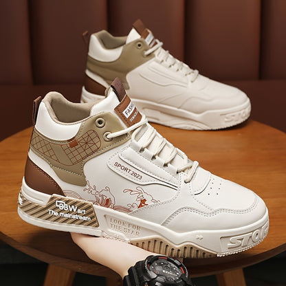 1pair Men'S Fashion Skateboarding Sneakers, High-Top Midsole with Lace-Up Closure, Faux Upper, Cartoon Wave Pattern, Comfortable Non-Slip PVC Sole, Breathable Fabric Lining, Casual Street Style Shoes for Outdoor Activities