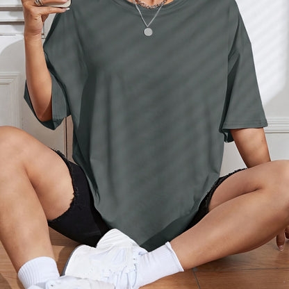 Y2K Retro American Casual Crew Neck T-Shirt, 100% Polyester Knit Fabric, Solid Color, Drop Shoulder Long Sleeve, Medium Stretch Pullover for Spring/Summer/Fall - Fashionable Loose Fit Tee