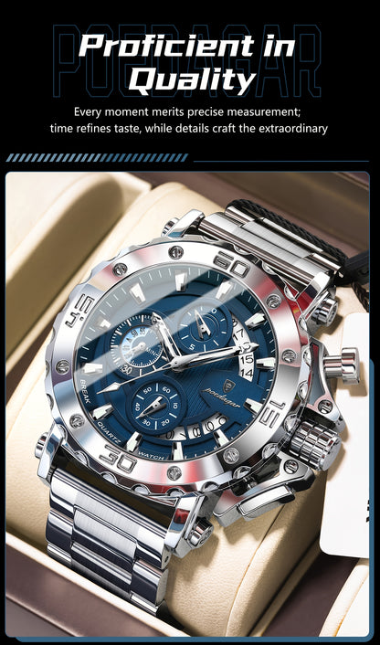 POEDAGAR Men'S Luxury Stainless Steel Business Watch with Date Display, 3ATM Blue Dial, Rotating Bezel, Alloy Case, Quartz Movement - Elegant Formal Accessory, Formal Accessory|Luxurious Watch|Quartz Movement Watch