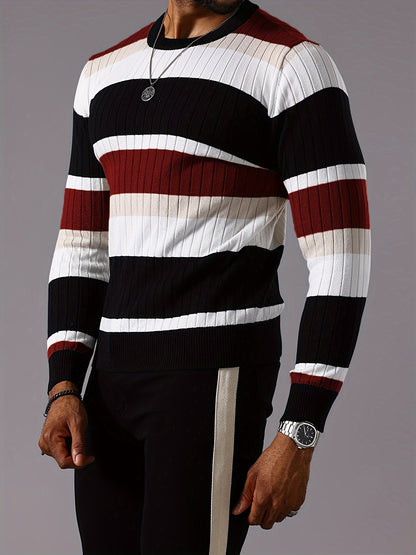 Men's Striped Color-Block Ribbed Knit Sweater - Long Sleeve Round Neck Pullover with Elastic Comfort Fit, Machine Washable Casual Fall Winter Top in Black/White/Green/Beige, Knit Sweater, Medium Elasticity