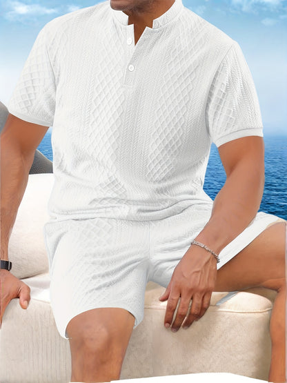Two-Piece Set, Men'S Summer Outfit, Jacquard Set, Round Neck Short Sleeve, Drawstring Shorts, High Weight Fabric, Casual Ensemble.