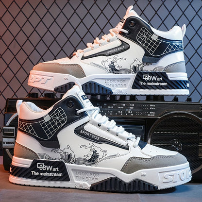 1pair Men'S Fashion Skateboarding Sneakers, High-Top Midsole with Lace-Up Closure, Faux Upper, Cartoon Wave Pattern, Comfortable Non-Slip PVC Sole, Breathable Fabric Lining, Casual Street Style Shoes for Outdoor Activities