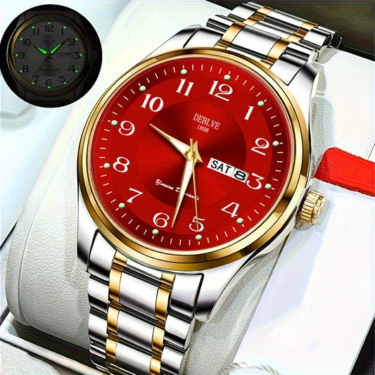 DEBLVE Men'S Fashionable Stainless Steel Watch with Luminous Numbers, Calendar & Week Display - Quartz Movement, Business Style, Ideal for Travel & Daily Use