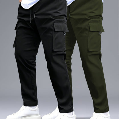2pcs Men's Cargo Pants, Black & Gray with Drawstring Waist and Multiple Pockets, Durable Polyester, Ideal for Outdoor Activities and Casual Wear, Casual Wear Pants | Multiple Pocket Design | Durable Fabric Pants