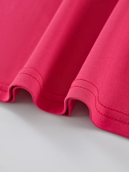 Women's Red Crop Top T-Shirt - Casual Short Sleeve, Loose Fit, Solid Color, Polyester, Machine Washable, Round Neck - Perfect for Summer