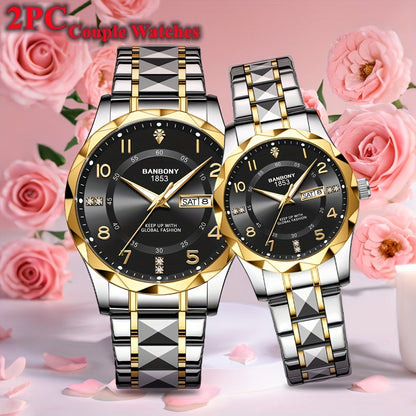 2pcs BNDBONY Brand Men And Women Couples Quartz Watch Stainless Steel Strap Scratch-Resistant Wear Luminous Pointer Digital Simple Hd Disc IPX7 Waterproof Fashion Multifunctional Couples Watch Holiday Couples Lover Birthday G