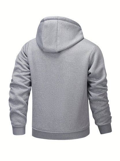 1pc Men'S Casual Style Hooded Jacket, Thick Fleece Lined, Warm Autumn/Winter Fashion, Solid Color, Polyester Knit with Pockets, Regular Fit