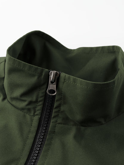 Men'S Casual Sportswear Set - Black Jacket with Zipper Pockets & White Accents, Matching Pants, Perfect for Spring & Fall, Sportswear Outfit|Zippered Jacket|Functional Pockets