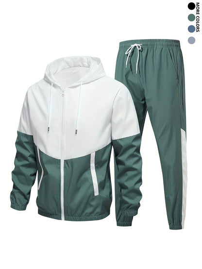 Men'S Casual Color Block Hoodie and Jogger Set, Long Sleeve, Regular Fit with Pockets, Suitable for Autumn and Winter
