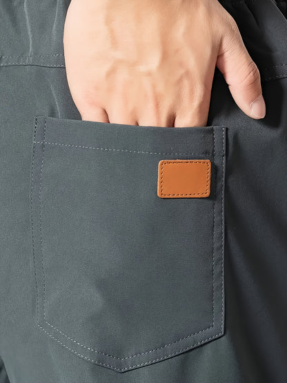 3pcs Men's Solid Color Drawstring Joggers - Casual Cargo Cropped Pants, Polyester, Machine Washable, in Black, Dark Gray, Olive Green with Patch Detail
