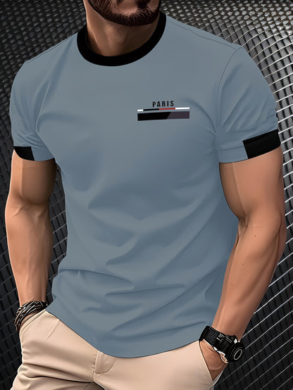 Men'S Paris Graphic T-Shirt - Green Polyester Crew Neck Tee with White Stripes & Print - Casual Sporty Knit Top for Casual Attire, Breathable Fabric