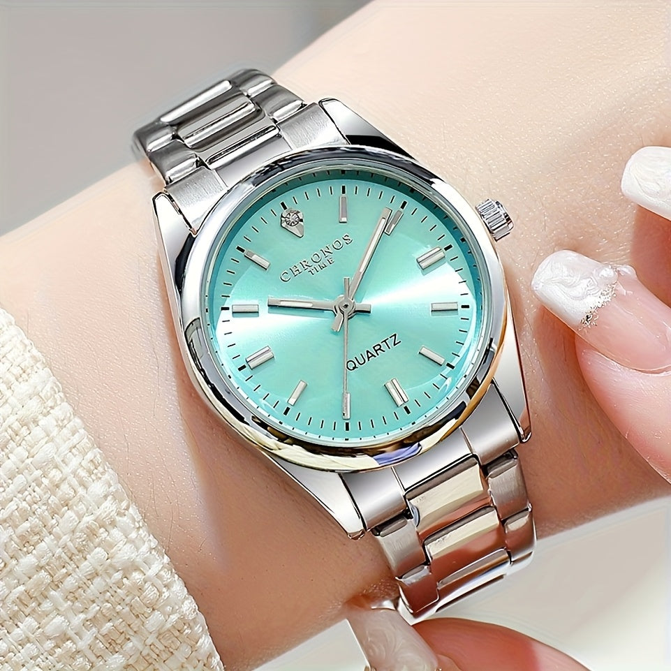 CHRONOS Women'S Quartz Watch - Elegant Stainless Steel Strap, Luminous, Round Dial, Business Casual Style, Perfect for Commuting and Casual Attire, Date Display, Pointer Display, Zinc Alloy Case, Button Battery Powered, Timer
