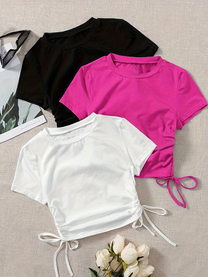 3 Pack Drawstring Crew Neck T-Shirt, Casual Short Sleeve T-Shirt For Spring & Summer, Women's Clothing