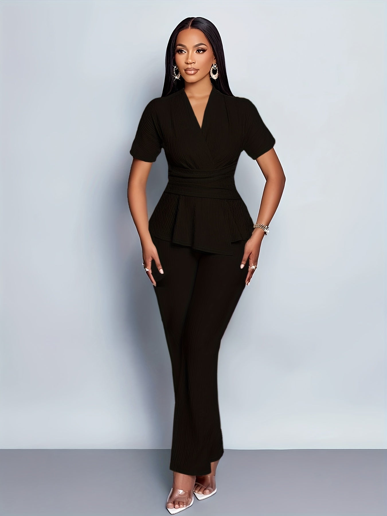 Women's Elegant Casual Solid Color Textured Pants Set