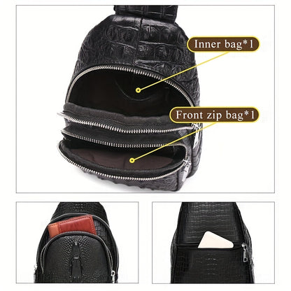 SCHLATUM Genuine Leather Crocodile Pattern Sling Bag - Black, Large-Capacity Multifunctional Crossbody Backpack for Travel, Sports & Camping, Stylish Zipper Closure Design
