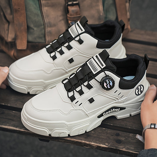 Men's Solid Color Skate Sneakers - Adjustable Rotating Buckle Straps, Slip-Resistant PVC Sole & Durable PU Upper, Low-Top Lace-Up Design for Hiking, Walking, Daily Wear - All-Season Casual Streetwear Shoes, Skate Shoes