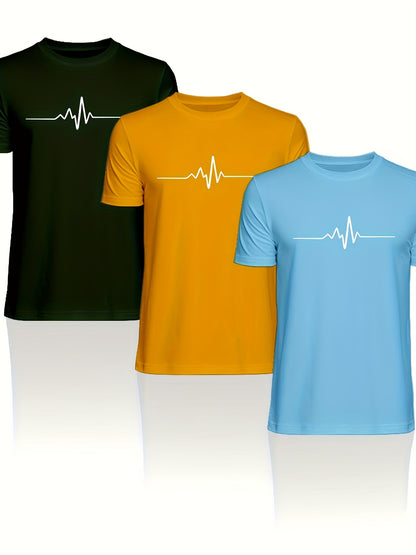 Men'S Brown T-Shirt with ECG Heartbeat Graphic - Casual Streetwear, Short Sleeve, Round Neck, Stretch Fabric, All-Season Comfort, Casual Streetwear Tee | Round Neck Tshirt | Comfortable Fit