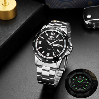 Elegant Men's Stainless Steel Quartz Watch - IPX7 High Quality, Luminous Hands, Date & Day Display, Business Casual Sporty Design for Everyday & Water Activities, Versatile Wristwatch, Sleek Strap Design, Glowing Markers