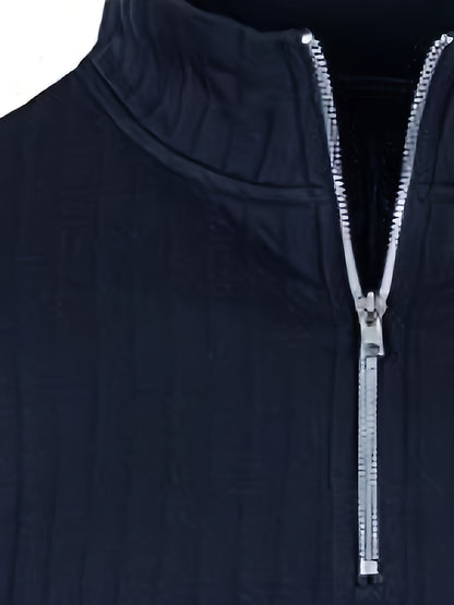 Men'S Casual Polyester Sweater, Solid Color, High Neck Quarter Zip, Long-Sleeved Pullover, Regular Fit, 100% Polyester Knit Fabric, 230g/m² - Fall/Winter Essential