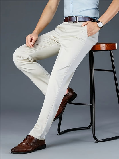 Men's Classic Business Dress Pants, Solid Color Casual Trousers, 100% Polyester, Regular Fit, with Zipper Fly, for Daily Wear and Gifting, All-Season, Allseason Trousers | Notch Lapel Design | Polyester Trousers