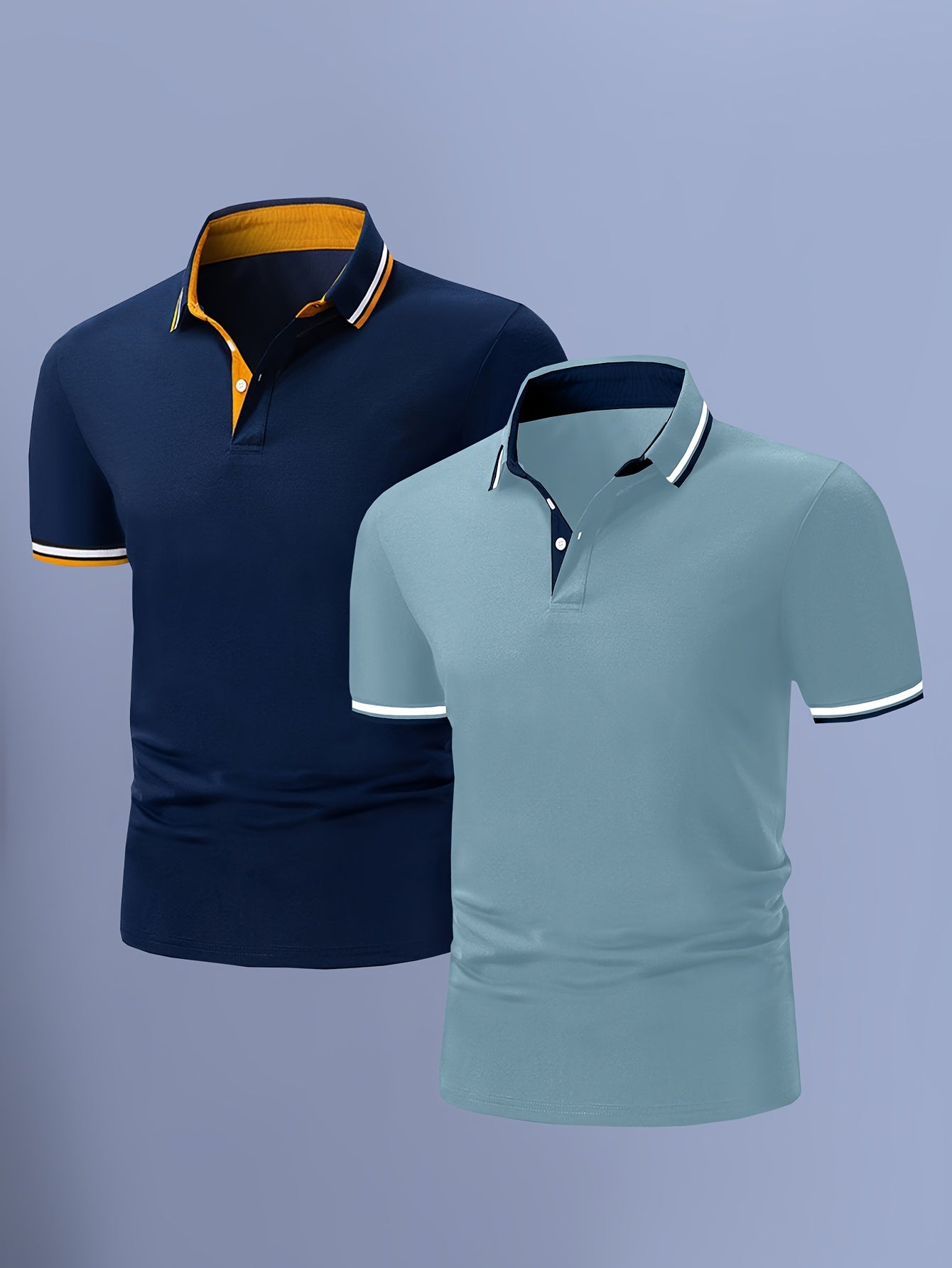 2pcs Men's Short-Sleeve Shirts with Contrast Collars - Lightweight Polyester, Pastel Blue & Pink, Turn- Collar, Button Closure, Regular Fit, Casual & Business-Casual Wear, Ideal for Summer or Gifting, Short Sleeve Tops